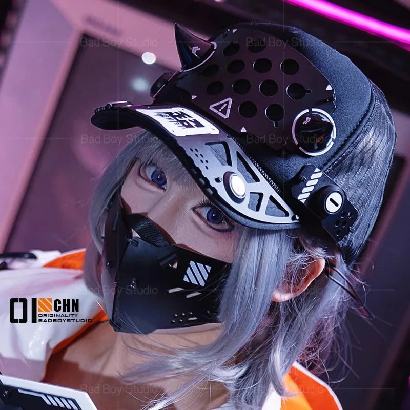 Masque cyberpunk cosplay avec accessoires — Look sci-fi mécanique