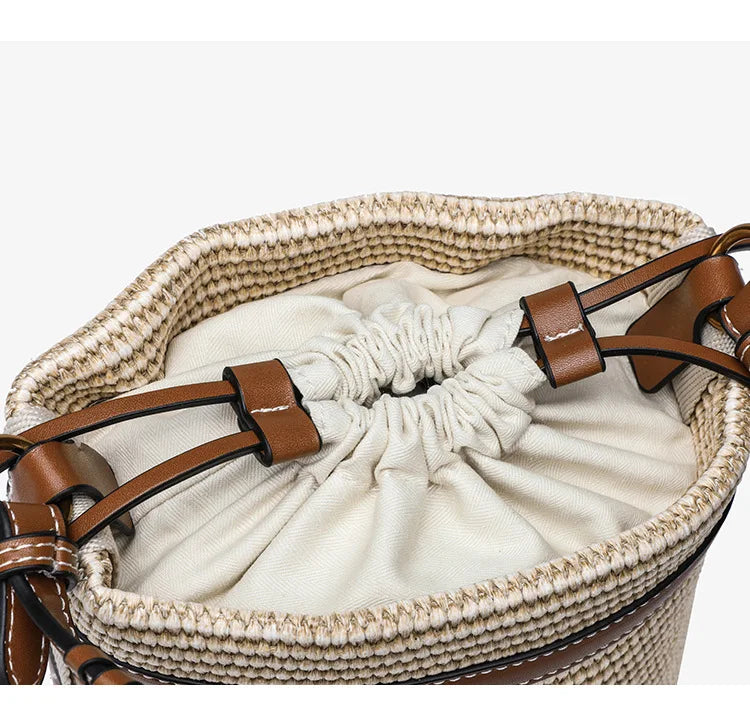 Sac seau en paille tressée – Bandoulière amovible, beige – vue 5 | Chillvibes
