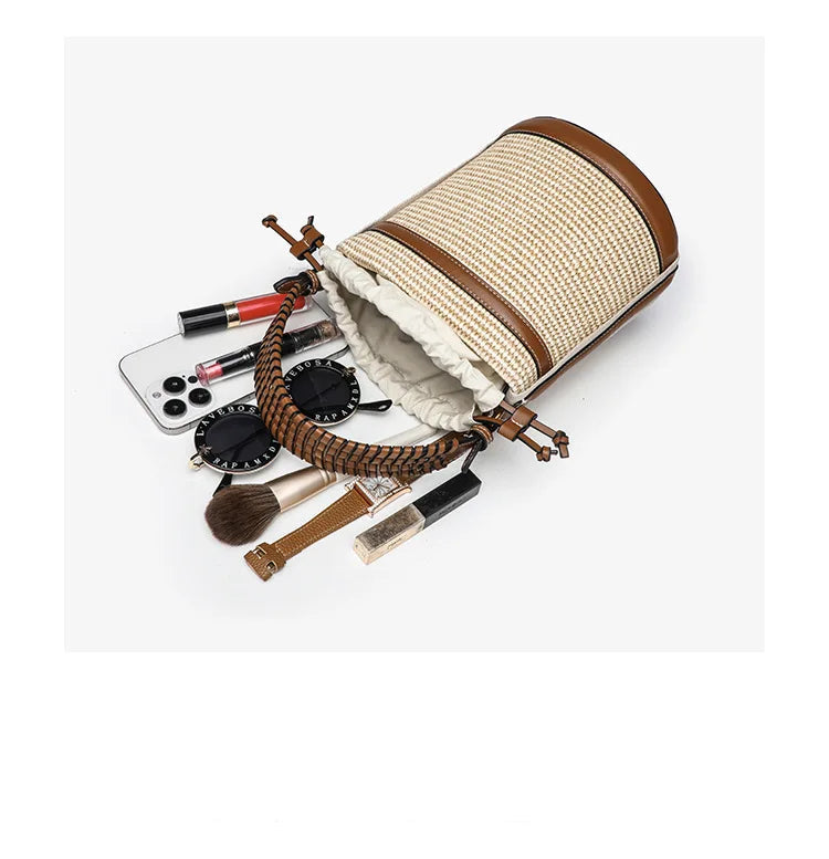Sac seau en paille tressée – Bandoulière amovible, beige – vue 6 | Chillvibes