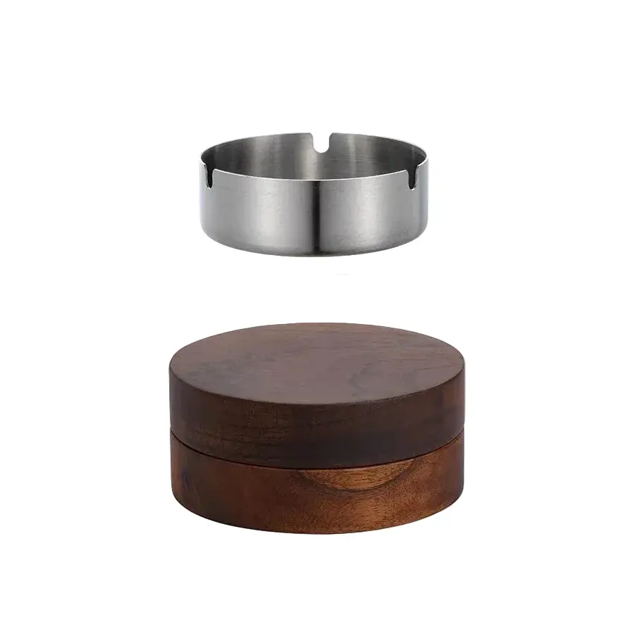 Cendrier de bureau en noyer et inox, avec couvercle