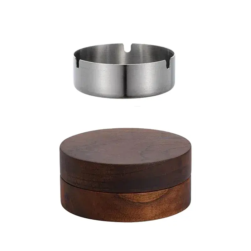 Cendrier de bureau en noyer et inox, avec couvercle